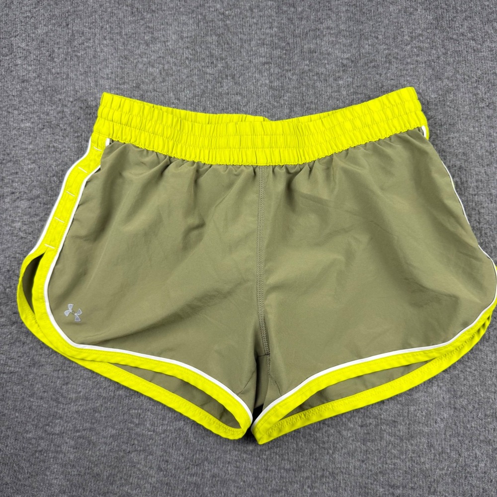 Under Armour Fly By Running Shorts Olive Green Neon Yellow Womens Small 3 Inseam